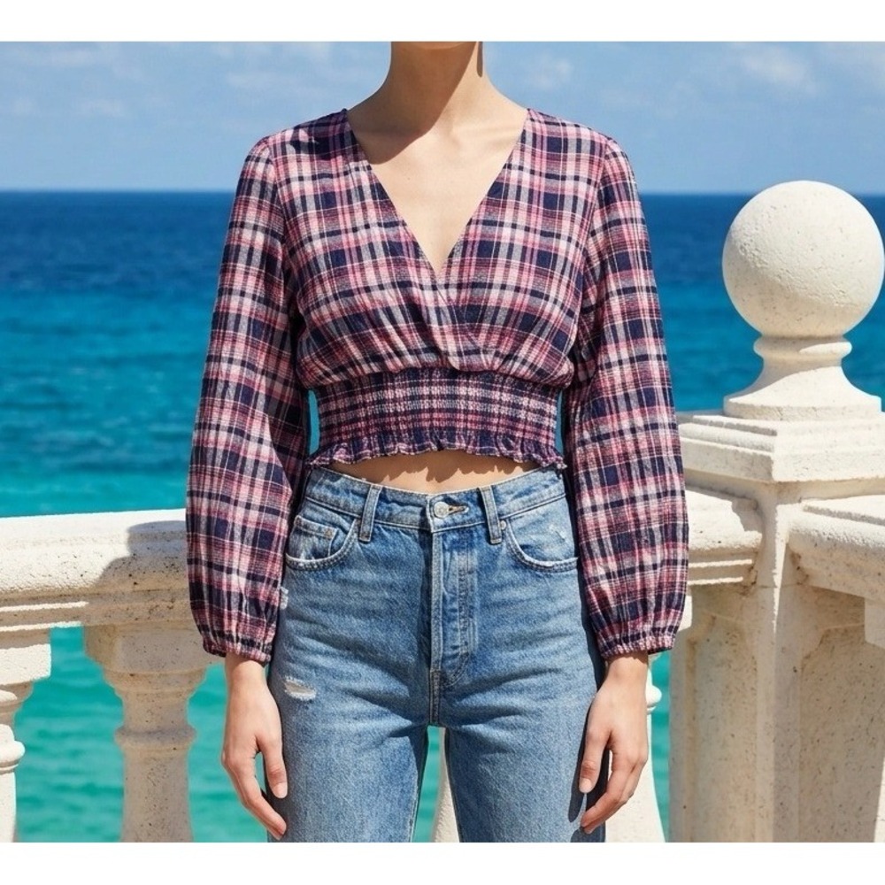 Zara Plaid Crop Top Women Medium Pink Smocked Balloon Sleeve Preppy Cottage Boho - Picture 1 of 12